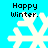 Four pixelated snowflakes on a bright cyan background, each with 'Happy Winter.' text above it in black block letters.