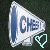 A white megaphone with blue text 'CHEER' and a vertical blue stripe, paired with a light blue heart outline on dark green background.