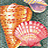 Pixelated image of two seashells on a dark background with subtle color gradients.