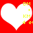 Two identical white heart shapes on a red background with yellow text and symbols; the right heart's lower-right corner shows partial pixel changes.