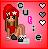 Pixelated 48x49 static buddy icon featuring a cartoon girl with red hair and star accessory against pink background, surrounded by scattered letters and hearts.