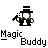 Pixel art character in black top hat and suit holding wand, with text fragments 'Magic Buddy' and partial words below on gray background.