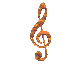 twelve golden treble clefs on a gray background, each with distinct pixelated animation states showing rotation and partial visibility