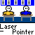 Pixelated cartoon scene with students at desks, a teacher pointing at a projector screen showing 'Laser Pointer' text and pause symbols.