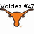Pixelated orange longhorn head with brown horns and black eyes, above black text reading 'Valdei #47' on white background.