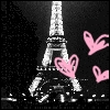 Static black-and-white image of the Eiffel Tower with pink heart shapes on a dark background.