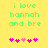 Yellow background with green pixelated text reading "i love hannah and bre" above pink heart symbols, two versions of the same layout differ in heart color distribution.