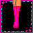 Pixel art contact sheet showing six frames of an animated AIM buddy icon featuring a cartoon woman in pink and black attire with repeated poses, text, and animation changes across the grid.