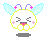 Pixel art character with light blue wings, purple antennae with pink stars, and pink blush marks on cheeks.