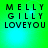 Green and cyan gradient background with black pixelated text reading "MELLY GILLY LOVEYOU" in three lines, displayed across four identical