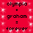 Red background with white sparkles, displaying two identical side-by-side text equations: 'olympia + graham = forever' in black pixelated font.
