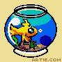 Pixelated fishbowl with yellow fish, castle, and plants in blue water, showing animation changes across frames.