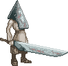 Pixel art character with a large metallic pyramid-shaped head, bare torso, brown pants, and boots holding a long sword with red smears on its blade.