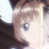 Anime-style character with light brown hair and blue eyes, wearing a dark outfit with white accents, partially obscured by a bright light source.