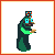 Pixelated character in green robe with blue eyes and brown mustache, holding a bowl that changes from closed to open mouthed state across frames.