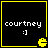 Black square with yellow border contains white text 'courtney' and ':]' with yellow Pac-Man icon in bottom-right corner.