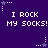 Purple background with repeated white text "I ROCK MY SOCKS!" and animated star-like shapes with trailing dots.