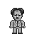 Pixelated grayscale character with dark hair, formal suit, and bow tie standing against plain gray background.