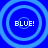 Four blue circular icons with concentric rings display "BLUE!" text in pixelated white font on a solid blue background.