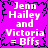 Static pixel art image with bright pink background and black jagged border, displaying repeated white text "Jenn Hailey and Victoria = BFFs" in four quadrants.