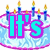 Pixelated birthday cake with blue candles, pink icing borders, and text reading "It's My Birthday!!!!" in cyan, yellow, purple, and black lettering.