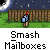Animated contact sheet showing 12 sequential frames of a pixel art character smashing mailboxes at night with a hammer, displayed in a 4x3 grid on gray background.