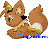 Pixelated brown fox-like creature with pink cheeks, black ear tips, and a yellow-and-black headpiece lies down in two sequential poses.
