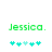 Green pixelated text 'Jessica.' above a of cyan and light cyan star-like shapes on white background