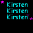 identical cyan 'Kirsten' text blocks with scattered pink and purple stars on a black background, showing animation changes in star positions across frames