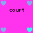 Pixelated icon with bright pink background, four cyan hearts in center, and four light blue hearts at corners, with black text "court" repeated four times.
