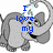 A gray cartoon elephant with a smiling expression appears in four , each displaying different blue pixelated text