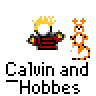 A static contact sheet of two identical Calvin and Hobbes buddy icons with red "badass buddy .com" text on a gray background, each showing Calvin in striped shirt and Hobbes the tiger in running pose.