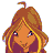 Pixel art contact sheet showing three frames of an animated buddy icon featuring a cartoon character with brown hair, the name "Flora," and the word "Winx" in stylized text.