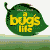 A green leaf-shaped logo with yellow text 'a bug's life' appears alongside four animated insect characters in various poses and expressions.