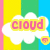 Pixelated cloud-shaped icon with yellow, green, blue, and pink vertical stripes background; text "cloud" in pink letters on left side.
