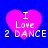 Four pink heart-shaped icons with white text "I Love 2 DANCE" on a blue background, arranged in a