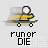 Pixelated character on skateboard with motion blur, text 'run or DIE' below and red '.com' branding above.