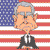 Pixelated cartoon figure with gray hair and glasses, wearing a black suit and white shirt, set against an American flag background with red and white stripes and blue stars.
