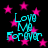 Cyan text reading "Love Me Forever" with a heart-shaped 'o' in "Love" appears over a black background with pink stars, repeated in a pattern