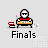 Pixel art animation of a character at a desk with a red-and-white striped cup, showing sequential head movements and a small explosion effect.