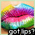 Pixelated lips with rainbow gradient colors and a black text banner reading 'got lips?' at the bottom.