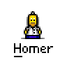 Animated contact sheet of 20 pixel art frames featuring Homer Simpson from The Simpsons, showing various expressions and actions including standing poses, close-ups, thought bubbles with donuts, and text speech bubbles.