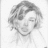 Pixelated grayscale portrait of a person with short hair, closed eyes, and a slight smile against a plain background.