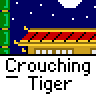Animated contact sheet showing 12 frames of a pixel art animation featuring a crouching tiger character in an ancient Chinese palace setting with torches and architectural details.