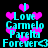 Pixelated cyan text on black background with pink hearts, repeating 'I Love Carmelo Parella Forever<3' in two