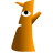 Pixelated orange figure with single large eye, raised arm, and pointed ears against gray background.