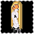 Pixel art character with long blonde hair, orange face, white shirt with black symbol, and checkered pants against black background.