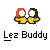 Two pixelated cartoon eyes with red and brown eyelids, white pupils, and yellow lower sections on a gray background, with 'Lez Buddy' text below.