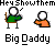 Pixelated cartoon figures in green and orange shirts perform sequential arm movements under text reading "Big Daddy" on gray background.