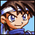 Pixel art contact sheet of a single anime-style character with brown hair and blue eyes across six animated frames showing facial expression changes against a light blue background.